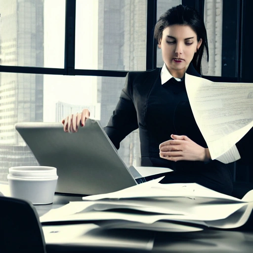 business feel, girl work overloaded in front of the laptop and lot of flying papers, background is office without any person at mid-night and drak, highlight the girl emtion is harder to give up