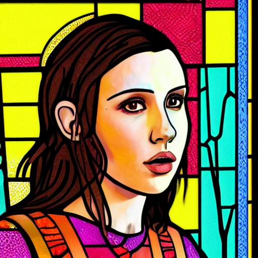 full body portrait colorful centered goddess stained glass intricate religious bible millie bobby brown wallpaper