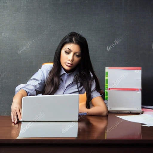 business feel, girl work overloaded in front of the laptop and lot of flying papers, background is office without any person, it is at mid-night and drak, highlight the girl emtion is harder to give up, her dressing becomes untidy, style likes photo