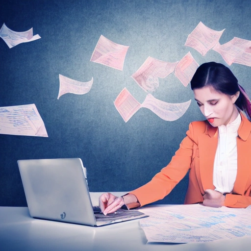 business feel, girl work overloaded in front of the laptop and lot of flying papers, background is office without any person, it is at mid-night and drak, highlight the girl emtion is harder to give up, her dressing becomes untidy, style is water color