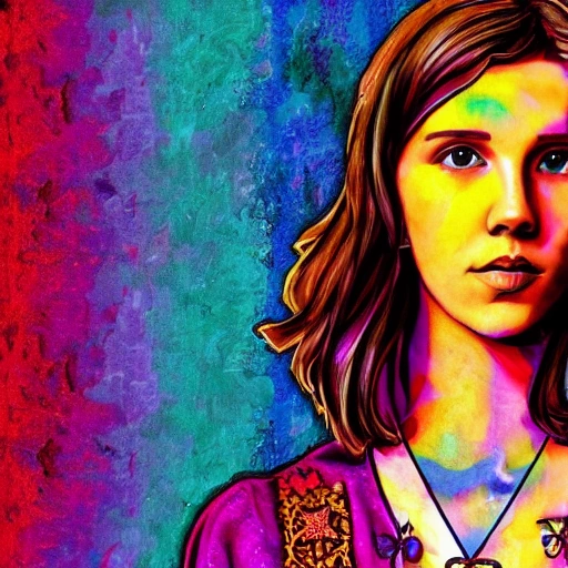 full body portrait colorful centered goddess stained glass intricate religious bible millie bobby brown wallpaper