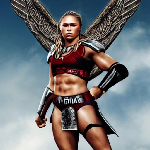 Full-body portrait of Ronda Rousey as a Valkyrie, standing character, on a White Background, Hyper Realistic, 4K.