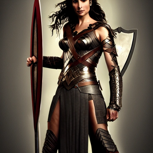 Full-body portrait of Gal Gadot as a Shieldmaiden wearing a Norse-inspired warrior outfit, holding a shield and a sword, on a White Background, Matte Painting, 4K.