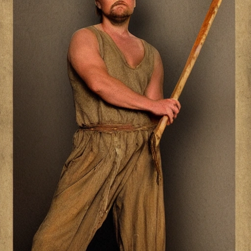 Full-body portrait of Leonardo DiCaprio as a 5th century Frankish farmer wearing roughspun tunic and trousers, holding a hoe, on a White Background, Matte Painting, 4K.