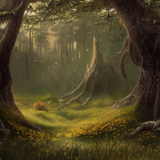 Fantasy Map depicting a forest meadow, matte painting