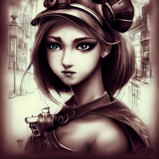 detailed, close up portrait of girl standing in a steampunk city with the wind blowing in her hair, cinematic warm color palette, spotlight, perfect symmetrical face, Pencil Sketch