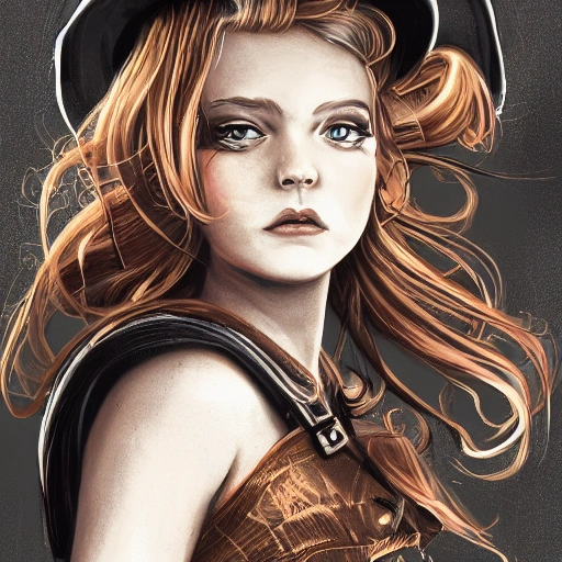 detailed, close up portrait of girl standing in a steampunk city with the wind blowing in her hair, cinematic warm color palette, spotlight, perfect symmetrical face, Pencil Sketch