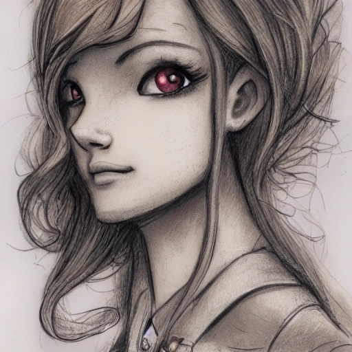 detailed, close up portrait of girl standing in a steampunk city with the wind blowing in her hair, cinematic warm color palette, spotlight, perfect symmetrical face, Pencil Sketch, Pencil Sketch