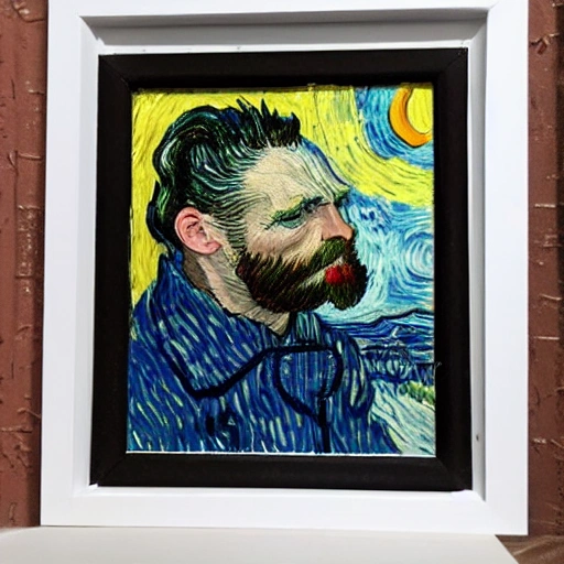 retrato de un hombre, de pelo negro, viejo, con fondo de noche estrellada de Van Gogh, 3D