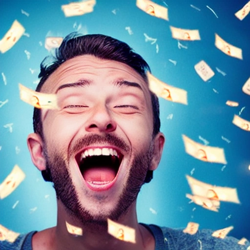 
A man rejoices as he sees money lightning falling from the sky, 3D