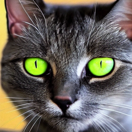 un gato misterioso en un sótano algo oscuro y con los ojos brillantes y detrás de el una sobra de un humano 
