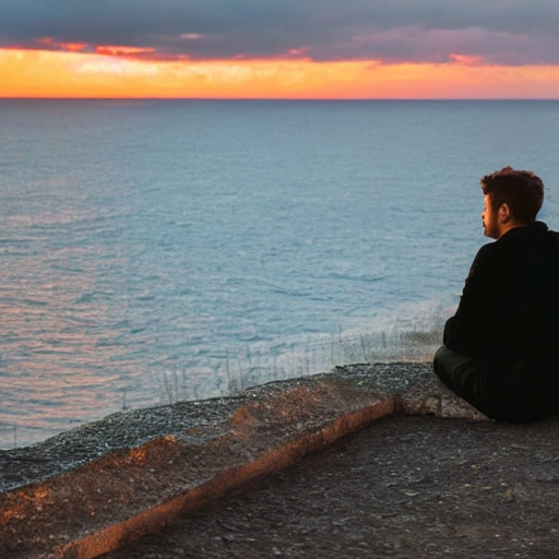 indie, melancholy, radiant sunset, young man sitting looking at the sunset, the spectacular sea, in the background with flying seagulls