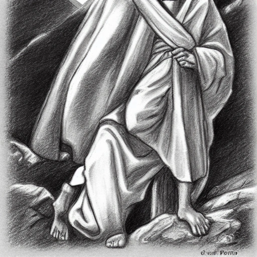 Cristo en la cruz sufriendo y Dios mirando desde el cielo, Pencil Sketch