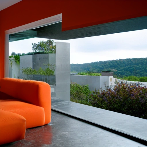 diseño interior de una casa con ventanas con vista al polo norte, con una chimenea, muebles de piel de oso paredes de color naranja, y diseño futurista, 8k
