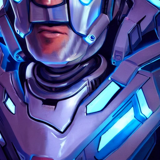 close-up head, facing camera, realistic digital painting headshot portrait of a robot, dark sci-fi spaceship universe, bright blue sport jacket, intricate details, (abstract background:1.2), (light particle:1.1), (overwatch style:0.8), (star wars style:0.3), (game concept:1.3), (arcane style:0.8), (depth of field:1.3), global illumination, art by hoang lap and fuji choko and artgerm, and greg rutkowski and viktoria gavrilenko

