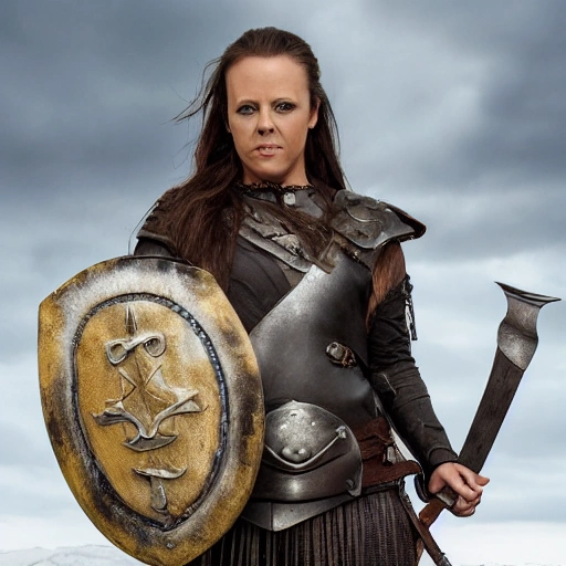Full-body portrait of Sara Evans as a Shieldmaiden wearing a Norse-inspired warrior outfit, holding a shield and a sword, on a White Background, Matte Painting, Highly Detailed, 4K.