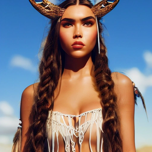 style portrait photograph of Madison Beer as Pocahontas, young beautiful norse woman, perfect symmetrical face, transparent latex dress, (((wild west))) environment, Utah landscape, ultra realistic, concept art, elegant, ((intricate)), ((highly detailed)), depth of field, ((professionally color graded)), 8k