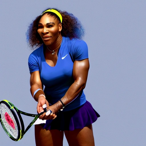 Full-body portrait of Serena Williams as a tennis player wearing her tennis outfit, holding a tennis racket, on a White Background, Matte Painting, Highly Detailed, 4K.