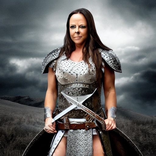 Sara Evans as a Shield Maiden, wearing armor and wielding a sword, on a white background, highly detailed, 4K.