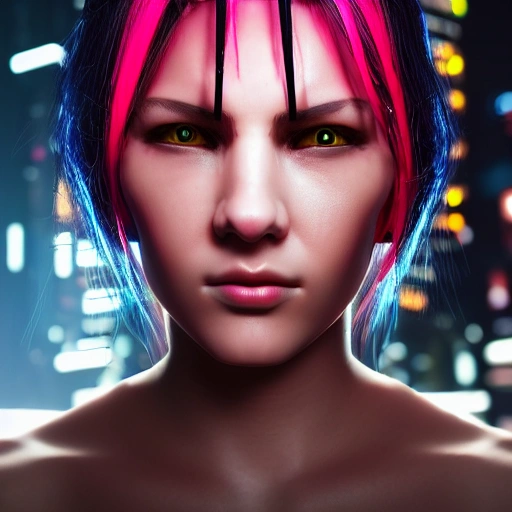 side close up portrait of 1 cyberpunk girl, detailed face, spotlight, cyberpunk city, wired, multicolored, vibrant high contrast, hyperrealistic, photografic, 8k, epic ambient light, octane render