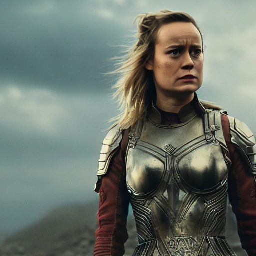 Brie Larson as a Shield Maiden, wearing armor and wielding a sword, on a white background, highly detailed, 4K.
