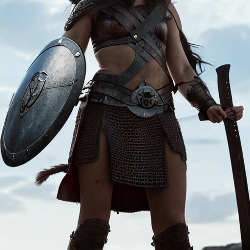Gal Gadot as a Shield Maiden wearing traditional Viking armor, holding a shield and sword, on a White Background, Hyper realistic 4D model, Unreal Engine.