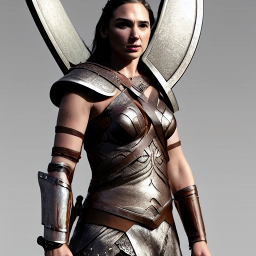 Full shot, Gal Gadot as a Shield Maiden wearing traditional Viking armor, holding a shield and sword, on a White Background, Hyper realistic 4D model, Unreal Engine.