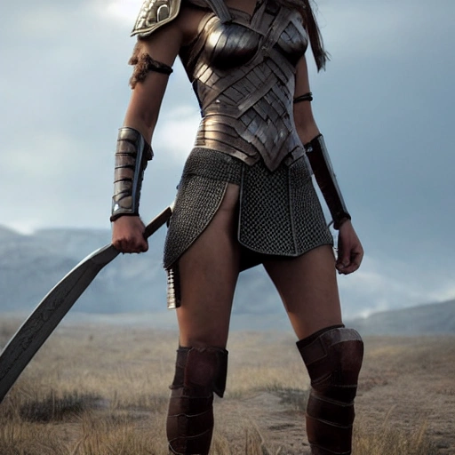 Full body shot, Gal Gadot as a Shield Maiden wearing traditional Viking armor, holding a shield and sword, on a White Background, Hyper realistic 4D model, Unreal Engine.
