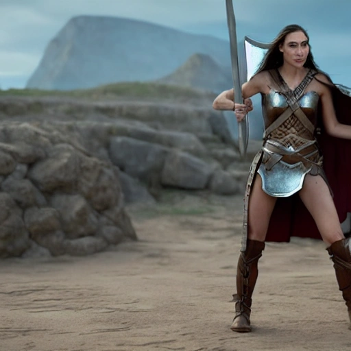 Head to Toe shot, Gal Gadot as a Shield Maiden wearing traditional Viking armor, holding a shield and sword, on a White Background, Hyper realistic 4D model, Unreal Engine.