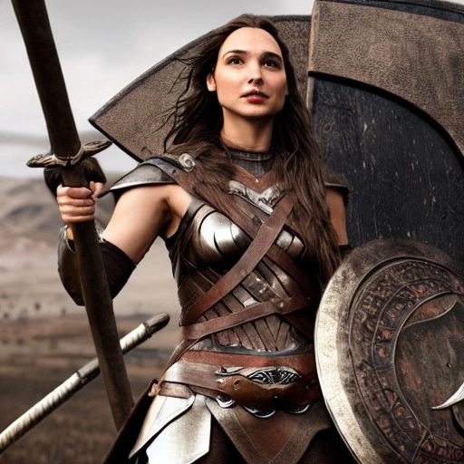 Head to Toe, Gal Gadot as a Shield Maiden wearing traditional Viking armor, holding a shield and sword, on a White Background, Hyper realistic 4D model, Unreal Engine.