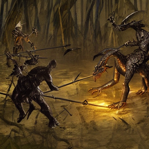 In the middle of a dark swamp on a starry night, in the tribal camp of some primitive lizardmen armed with bows, arrows and spears, and a group of black-scaled kobolds, a humanoid monster with draconic and winged features, a young dragon black, a hatchling of black dragon. At the center of the fight are the heroes of the village, a bronze dragonborn cleric, casting holy flame spells, wearing scaled armor embossed with golden dragons and a spiked shield.
a blue dragonborn, paladin, with figures of bahamut on his armor and shield, armed with a magical pike that has a rose carved from it before the edge. is firm and solemn
a green-skinned kobold, armed with an emerald-colored magic sword, wears metal armor although simpler, is bold and violent
an emerald-skinned dragonborn monk, skilled in martial arts, with two arms of greenish astral energy.
an elf, rogue with simple and comfortable clothes that go from blue to black, fighting agilely with bow and arrow.