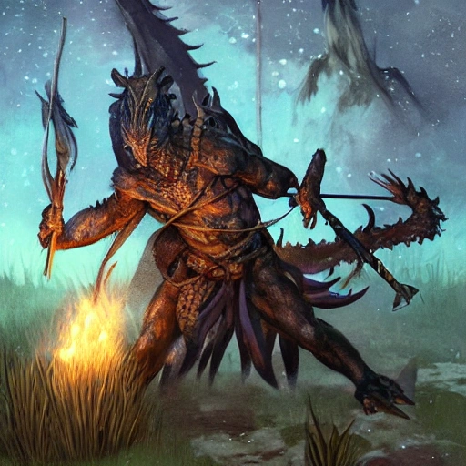 In the middle of a dark swamp on a starry night, in the tribal camp of some primitive lizardfolk armed with bows, arrows and spears, and a group of black-scaled kobolds, a humanoid monster with draconic and winged features. 
At the center of the fight are the heroes of the village, a bronze dragonborn cleric, casting holy flame spells, wearing scaled armor embossed with golden dragons and a spiked shield.
a blue dragonborn, paladin, with figures of bahamut on his armor and shield, armed with a magical pike that has a rose carved from it before the edge. is firm and solemn
a green-skinned kobold, armed with an emerald-colored magic sword, wears metal armor although simpler, is bold and violent
an emerald-skinned dragonborn monk, skilled in martial arts, with two arms of greenish astral energy.
an elf, rogue with simple and comfortable clothes that go from blue to black, fighting agilely with bow and arrow. In ilustration style, with with many details, like a war