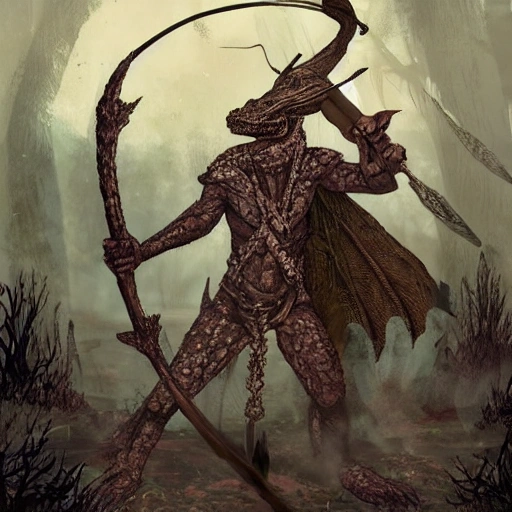 In the middle of a dark swamp on a starry night, in the tribal camp of some primitive lizardfolk armed with bows, arrows and spears, and a group of black-scaled kobolds, a humanoid monster with draconic and winged features. 
At the center of the fight are the heroes of the village, a bronze dragonborn cleric, casting holy flame spells, wearing scaled armor embossed with golden dragons and a spiked shield.
a blue dragonborn, paladin, with figures of bahamut on his armor and shield, armed with a magical pike that has a rose carved from it before the edge. is firm and solemn
a green-skinned kobold, armed with an emerald-colored magic sword, wears metal armor although simpler, is bold and violent
an emerald-skinned dragonborn monk, skilled in martial arts, with two arms of greenish astral energy.
an elf, rogue with simple and comfortable clothes that go from blue to black, fighting agilely with bow and arrow. In ilustration style, with with many details, like a war, Pencil Sketch