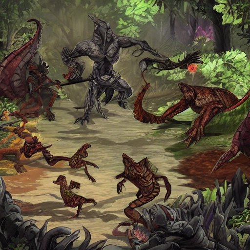 A Battle in a dark swamp between a group of lizardfolk and black kobolds, many of then battle 