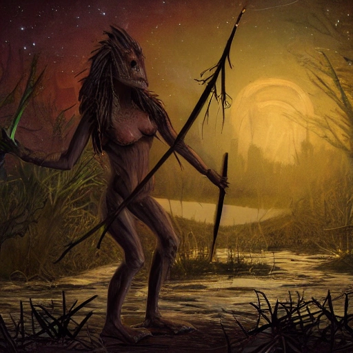 In the middle of a dark swamp on a starry night, in the tribal camp of some primitive lizardfolk armed with bows, arrows and spears, and a group of  a reptilian humanoid, standing between 2' and 2'6"  tall, weighing 35 to 45 pounds, with scaled skin between reddish brown and black in color and burnt orange to red eyes. Their legs were sinewy and digitigrade. They had long, clawed fingers and a jaw like a crocodile.Small white or tan horns protruded from their head, and they had rat-like tails. They would often smell of wet dog and stagnant water. Kobolds liked to wear red or orange garments, which were usually ragged
A many of then fight 

