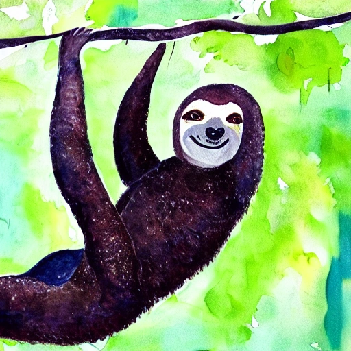 funny of Sloth  hanging under a tree branch, full body, black background, Oil Painting, Water Color