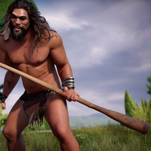 Jason Momoa as a Neanderthal wearing animal hides, carrying a large wooden club, on a White Background, Hyper realistic 4D model, Unreal Engine.