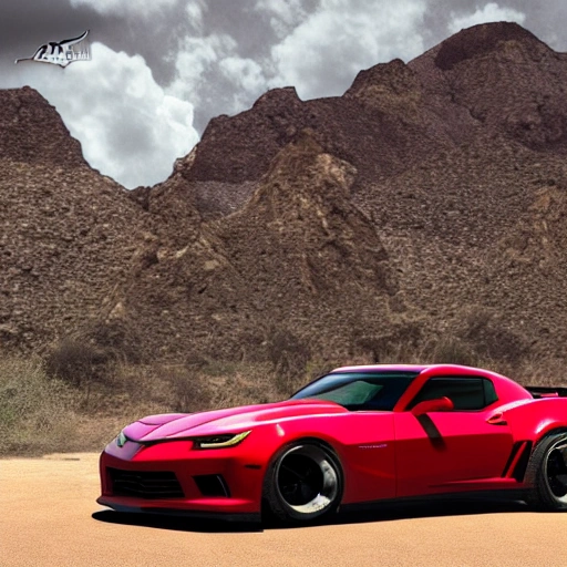 , Car, Detailed, Camaro, Sport, Realistic Image, Enlarge Fenders, Corvette, Hell Cat, Bumble Bee, Red, Desert