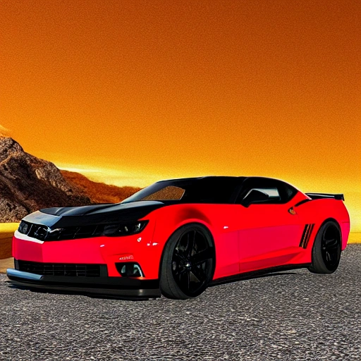 , Car, Detailed, Camaro, Sport, Realistic Image, Enlarge Fenders, Corvette, Hell Cat, Bumble Bee, Red, Desert, 3D