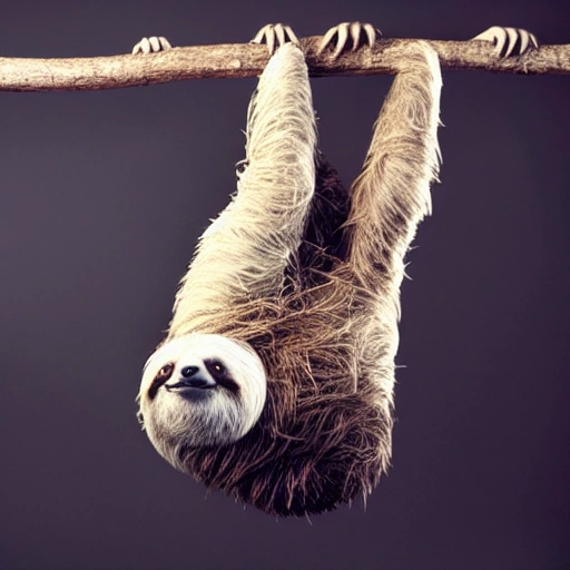 funny of Sloth  hanging under a tree branch, full body, black background, Trippy