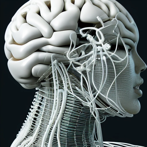 complex 3d render ultra detailed of a beautiful porcelain human brain, cyborg, robotic parts, 150 mm, beautiful studio soft light, rim light, vibrant details, luxurious cyberpunk, lace, hyperrealistic, cable electric wires, microchip, elegant, beautiful background, octane render, H. R. Giger style, 8k