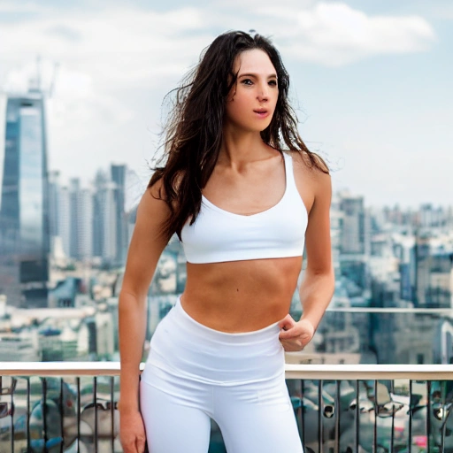 professional photo of a beautiful young woman, gorgeous beauty, sweaty pale skin, symmetrical face, wearing white sports bra, toned stomach, perfect boobs, dense voluminous hair, rooftop terrasse gym in background, penthouse environment, stunning background with city view, cinematic lighting, highly detailed, intricate, sharp focus, (((depth of field))), (((f/1.8))), 85mm, (((professionally color graded))), (((dusk))), soft diffused light, volumetric fog, hdr 4k, 8k
