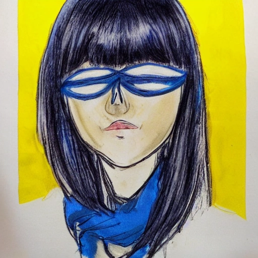 A girl with dark blue hair and bangs. She wears an eyepatch over her left eye. The right eye is yellow. She wears a yellow scarf, Pencil Sketch