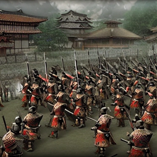 Visualize a powerful army of brave Japanese samurai in modern armor in a historical war