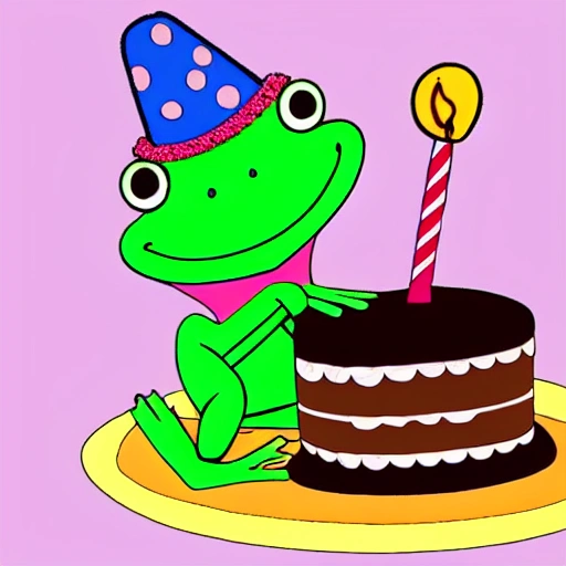 frog eating a birthday cake while wearing a hat
, Cartoon