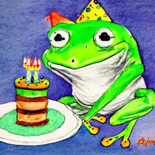 frog eating a birthday cake while wearing a hat , Cartoon, Water ...
