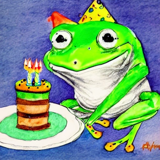 frog eating a birthday cake while wearing a hat
, Cartoon, Water Color