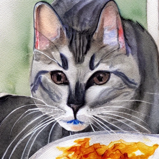 Gray striped cat eating cheese, Water Color