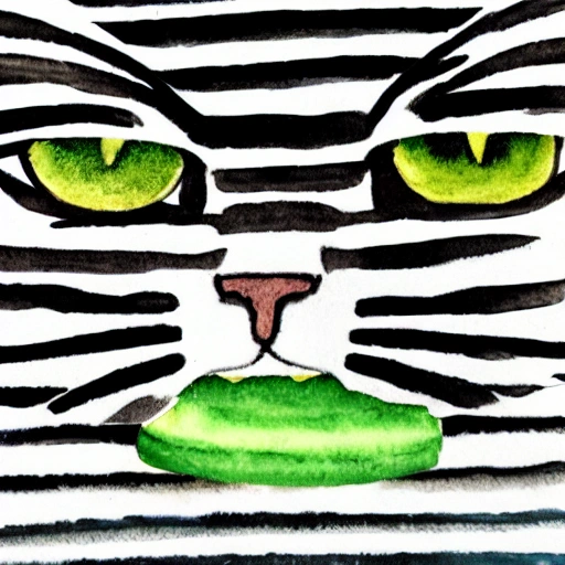 Gray striped cat with green eyes eating cheese, Water Color