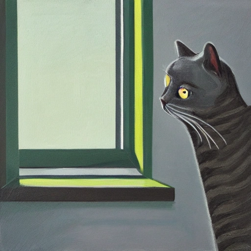 Dark gray cat with stripes, a white belly and green eyes looking out of a window, Oil Painting